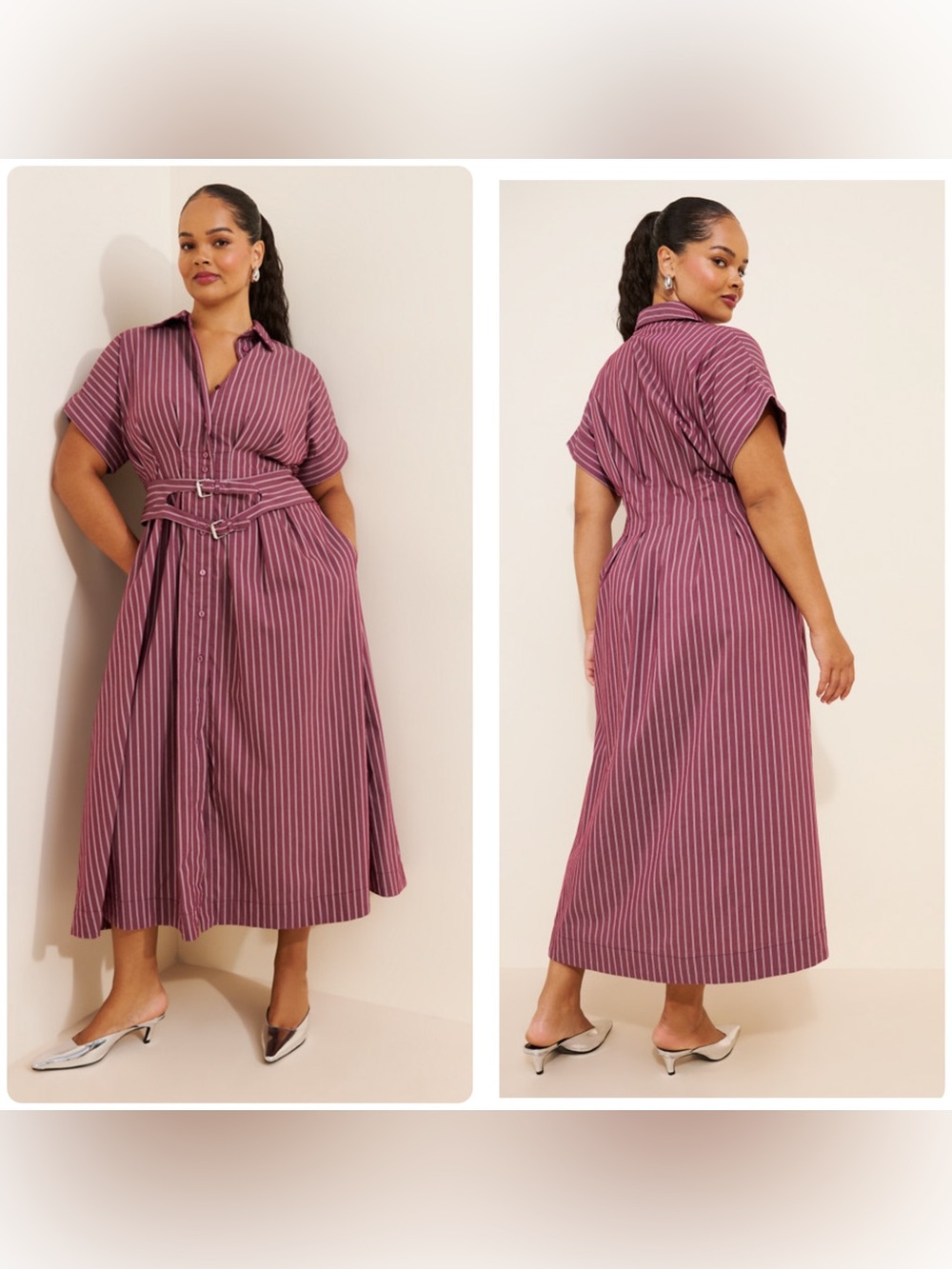 Anthropologie Burgundy The Tobie Double Midi Stripe Buckle Dress Medium